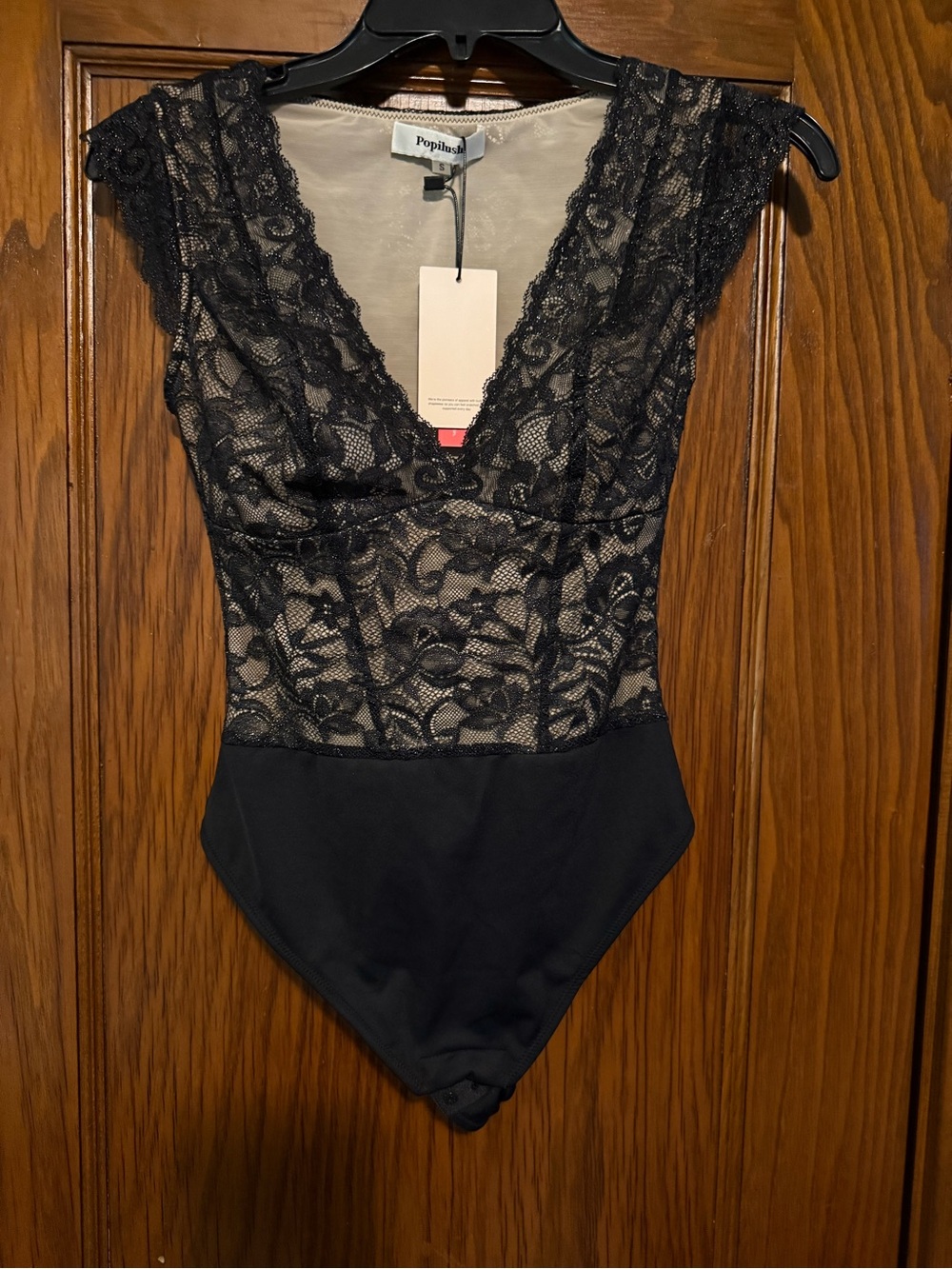Popilush Black Lace V-Neck Bodysuit for Women